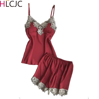 

Women Pajamas Set Sexy Lace Satin Sleepwear Sleep Lounge Silk Pyjamas Women V-Neck Women Nightwear Causal Pijama 2 Pieces Summer