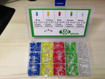 

F5MM 5 kinds x100pcs=500Pcs 5MM LED Diode Kit Mixed Color Red Green Yellow Blue White Assorted set PACK + BOX