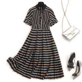 

Plus size Women striped dress summer 2020 short sleeve bow tie stand collar button front office wear OL elegant pleated dresses