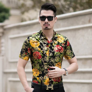 

Bronzing Shirts Mens Luxury Gold Clothing Flowers Summer Men Fashion 2020 Hawaiian Shirt Short Sleeve Plus Size Mens Shirts Club