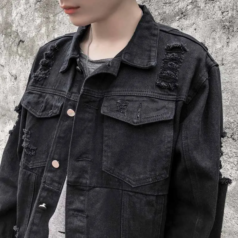 KIOVNO High Street Ripped Distressed Denim Jackets Men Pleated Black Color Jeans Jackets Outwear For Male Washed  (2)