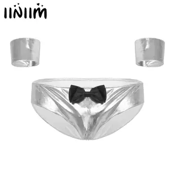 

iiniim Mens Shiny Metallic Lingerie Panties Costumes Low Rise Jockstraps Bulge Pouch Front Briefs Underwear with Cuffs
