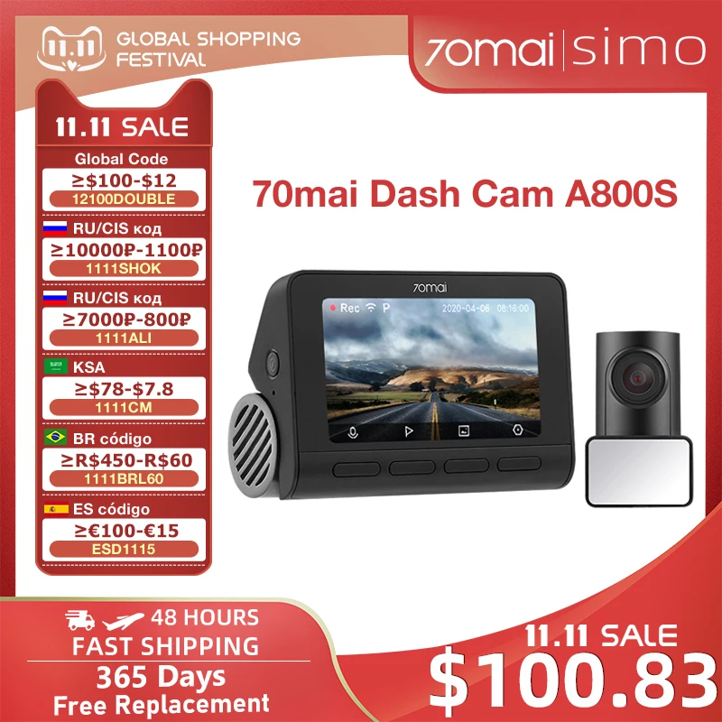70mai Dash Cam 4K A800S Dual Sight GPS ADAS Car DVR 2160P 24H Parking 140FOV Support Rear | Автомобили и мотоциклы