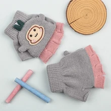 Теплые детские перчатки с милыми рисунками для детей от 6 до 12 лет, зимние вязаные перчатки для учеников начальной школы, крашеный материал, откидная крышка, варежки для письма