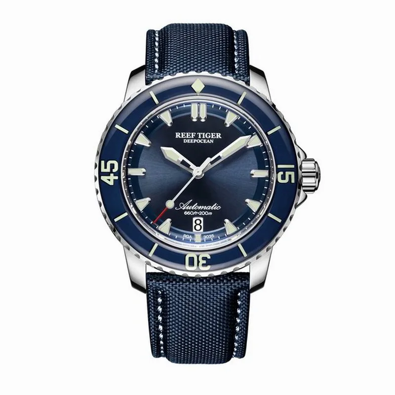 Reef Tiger Mens Diver Watches Luxury Automatic Mechanical Wristwatch 200m Waterproof Luminous Nylon Strap Sapphire Bezel RGA3035