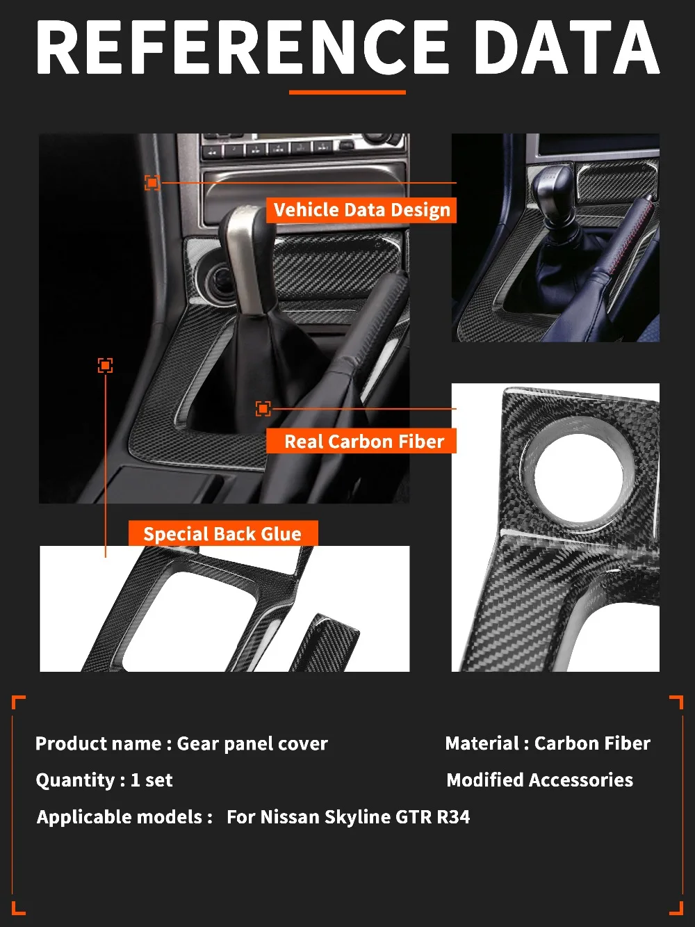 For Nissan Skyline GTR R34 V·Spec BNR34 Central Control Gearbox Gear Shift Knob Panel Surround Dry Carbon Fiber Car Modified