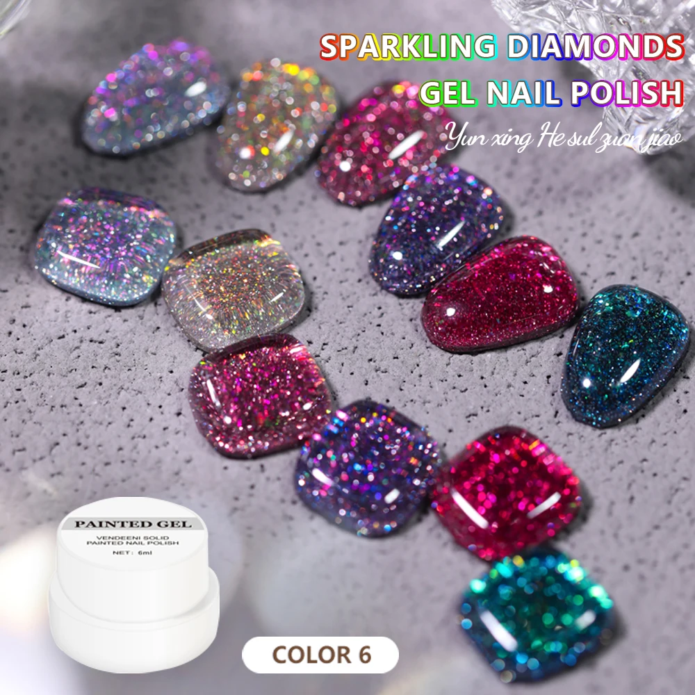 Vendeeni 6 Colors/set Glitter Broken Diamond Gel Nail Polish UV LED Laser Shiny Sequins Nail Art Gel Lacquer Manicure Varnish