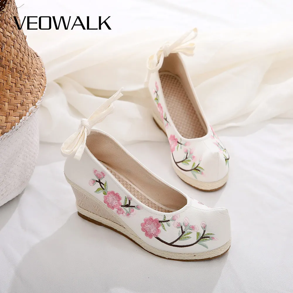 Veowalk Handmade Women Canvas Embroidered 6cm Wedge Espadrilles Shoes