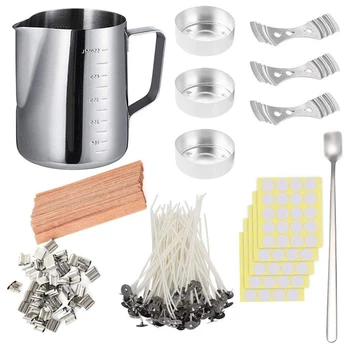

DIY Candle Making Set, 550Ml Pouring Pot with Scale+100Pcs Candle Wicks+20Pcs Wood Natural Candle Wicks with Metal Stands+100Pcs