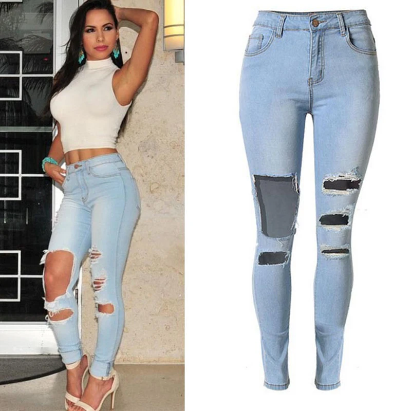 Эластичные Обтягивающие рваные джинсы женские рваные узкие брюки эластичные колготки джинсовые брюки рваные бойфренды уличная одежда