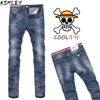 

Men Stretch Jeans Summer Blue Business Casual Slim Straight Jeans Fashion Denim Pants Male Trousers Regular Fit Large Size