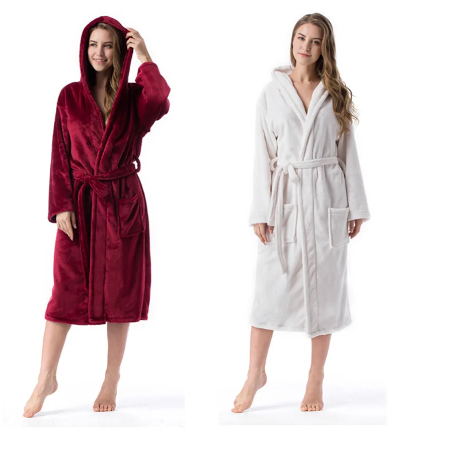 2020 Winter Kimono Robe Plush Fleece Bath Robes For Women Soft Warm Long Sleeve Hooded Nightgown Loungewear Sleepwear