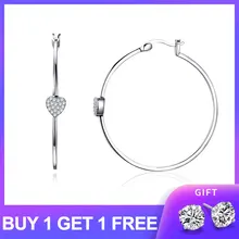 BISAER 925 Plata de ley forma de corazón transparente grandes pendientes de aro redondos para mujeres joyería de boda de lujo delicado GXE518(China)