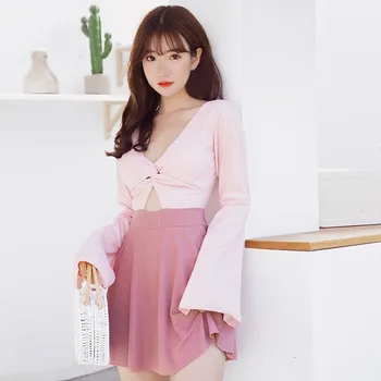 

Women's One-piece Cute Long-sleeved Beachwear Korean Japanese Style Cover Belly Swimwear Female Sunscreen Bathing Suit