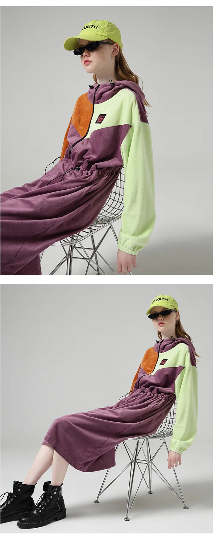 Toyouth хит цвета с длинным рукавом Повседневные платья для женщин осень лоскутное с капюшоном миди платье