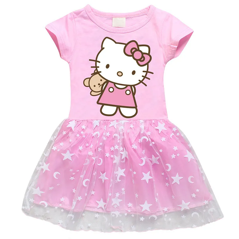 Hallo Kitty Kinder kleidung Reine Baumwolle Mode Prinzessin Rock Mädchen Cartoon Gedruckt Netto Garn Kurzarm Plissee Kleid