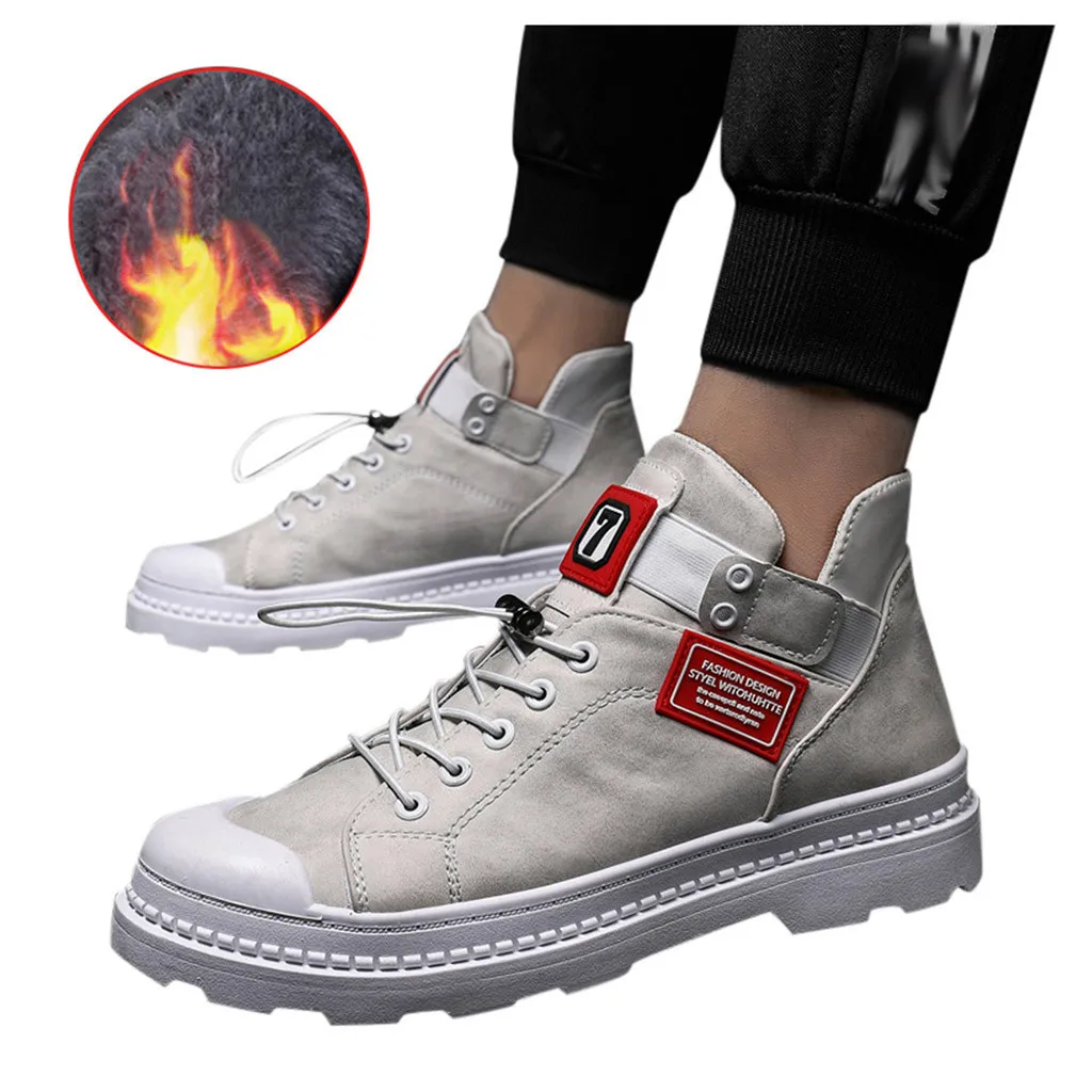 Men's Retro High-Top Casual Boots Wild Thick-Soled Plus Velvet Cross Strappy Tooling Shoes warm fur plush Insole Ankle Boots