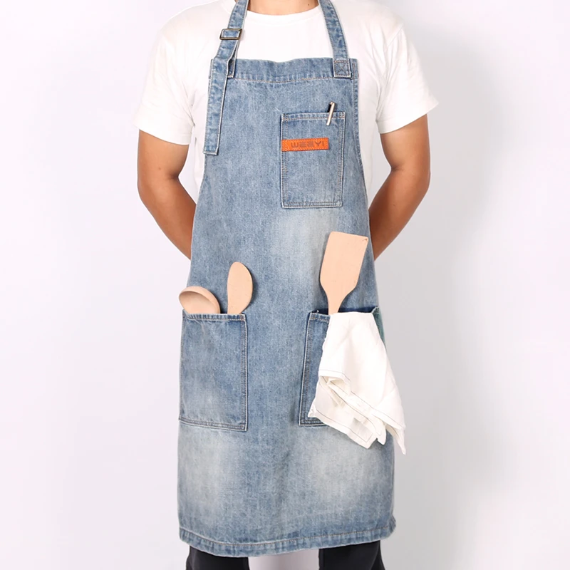 Weeyi Vintage Blue Kitchen Denim Aprons For Men Women Unisex Homewear Workwear Apron For Cooking 