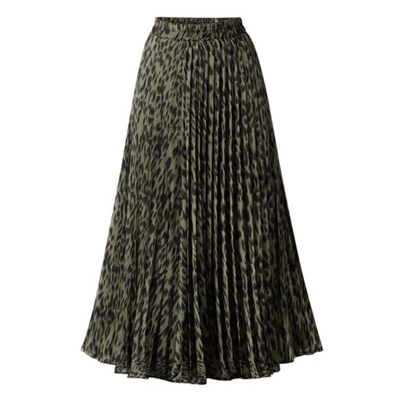 Women Elastic Waist Skirt A-line Loose Leopard Print Casual Pleated Vintage Evening Party Cocktail Midi Skirts