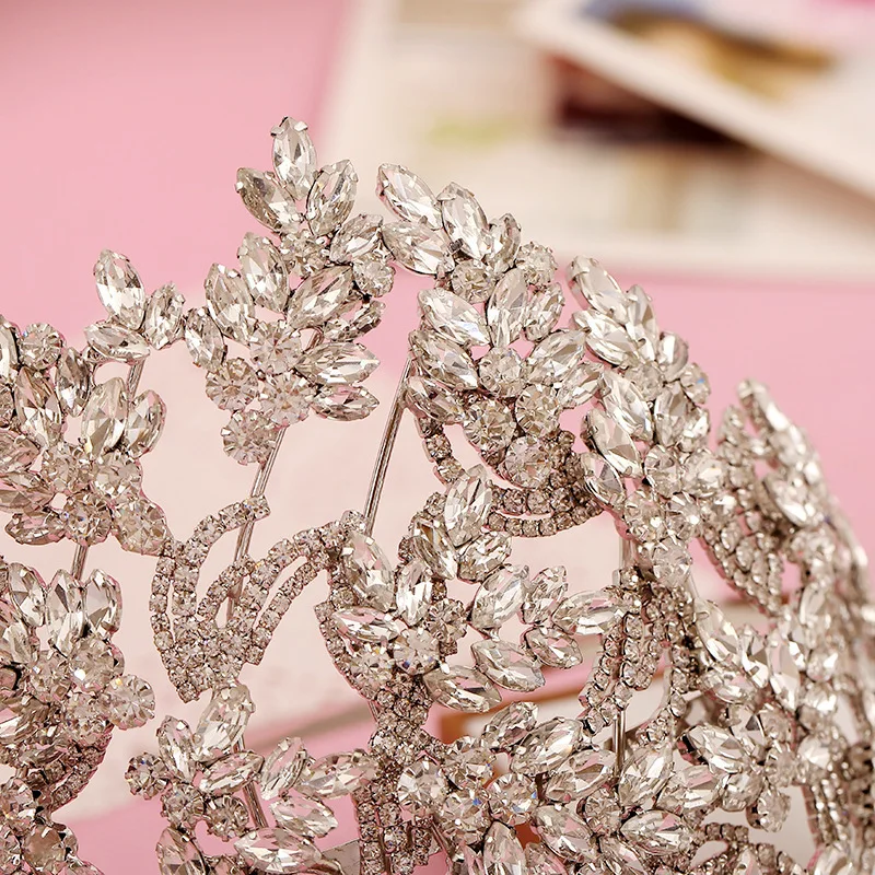 Роскошные ободки с кристаллами и серебряными листьями, свадебная тиара, Корона из сплава, свадебная Королевская корона принцессы, аксессуары для волос