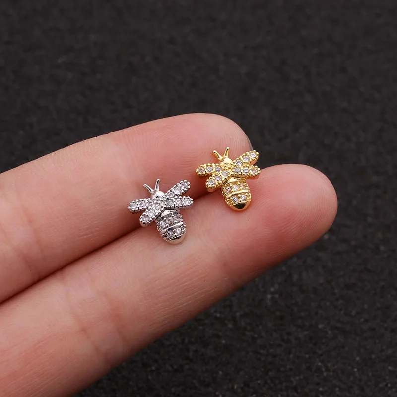 

1 PC CZ Insect Bee earring cartilage tragus stud barbells ear piercing jewelry Cute Gold Silver Animial Ear Stud ring