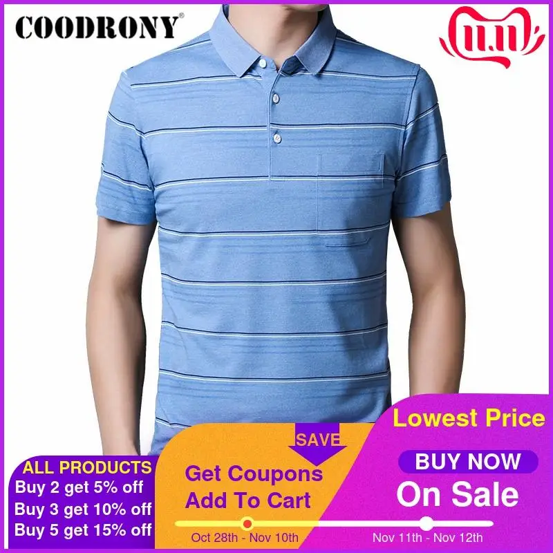 

COODRONY 2020 Spring Summer Short Sleeve T Shirt Men Business Casual Striped T-Shirt Men Clothing Pocket Tee Shirt Homme C5014S