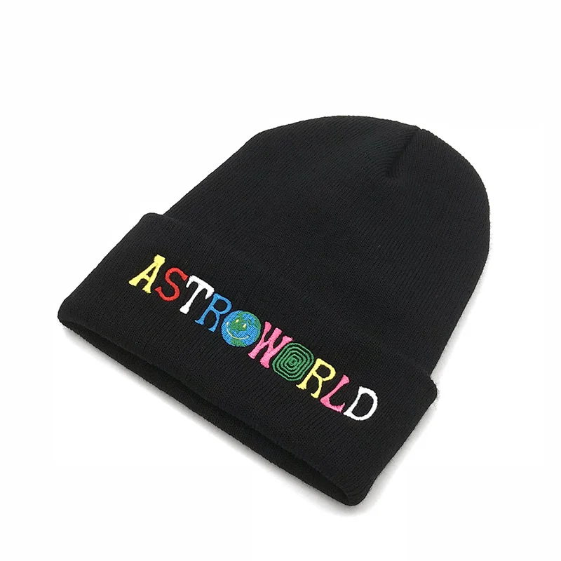 Gorros Punto Радуга ASTROWORLD бини Скотт вязаная шапка вышивка лыжный теплый зимний унисекс милый Трэвиса Скотта Skullies шапочки - Цвет: black