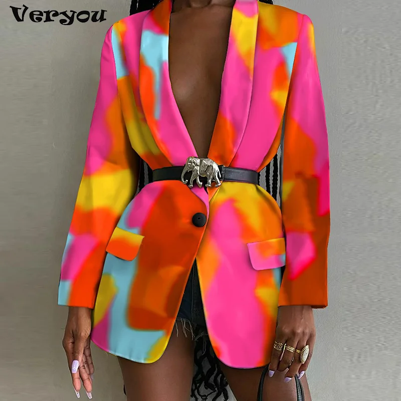 Turn-down Collar All Over Print Single Button Blazer Women Casual Jacket Elegant Abstract Graphic Work Coat Blazers For Women