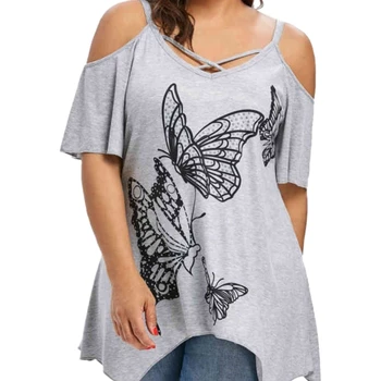 

European Style Plus Size T Shirt Summer Large Size Women Butterfly Printing T Shirt Big Short Sleeve Tops