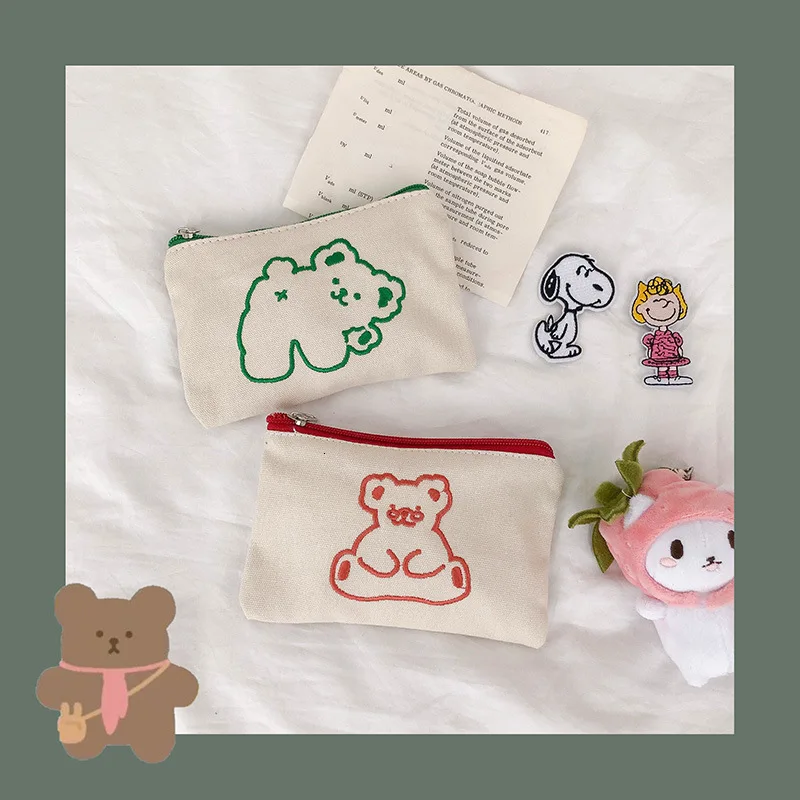 SIXONE Ins, лаконичный чехол-карандаш с вышивкой медведя, косметичка Kawaii, Большая вместительная Студенческая Холщовая Сумка для хранения, школьные канцелярские принадлежности