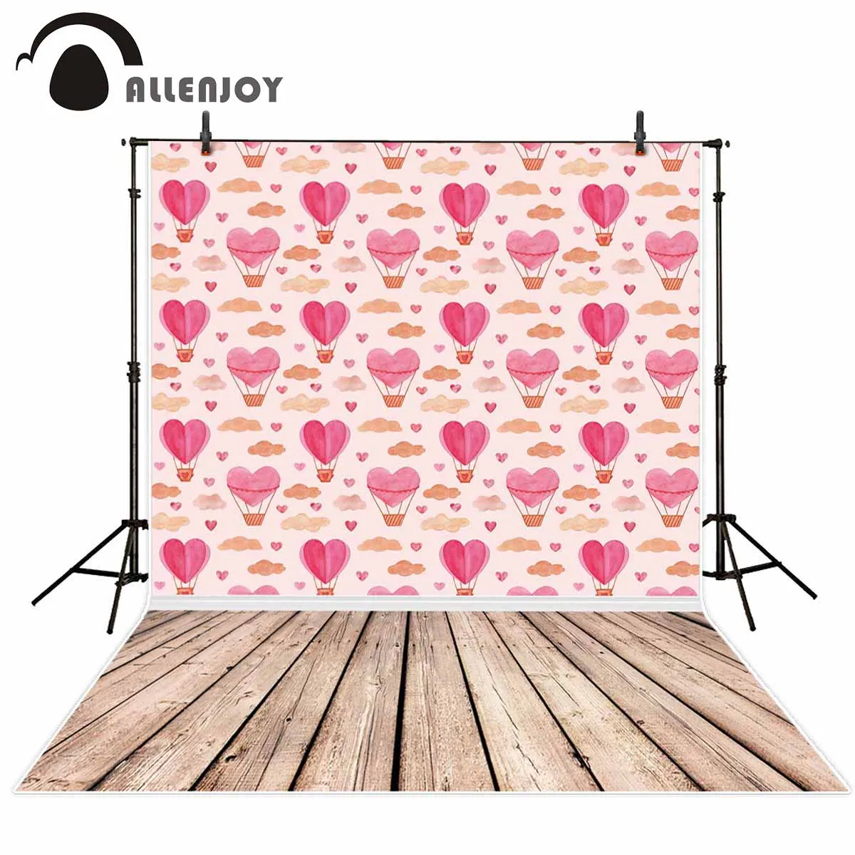 

Allenjoy photophone backdrops Valentines day heart love pink hot air balloon clouds wood floor backgrounds 14 February photocall