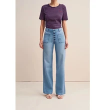 Женские брюки осень/зима новые джинсы с высокой талией карманные декоративные пуговицы расклешенные джинсы брюки