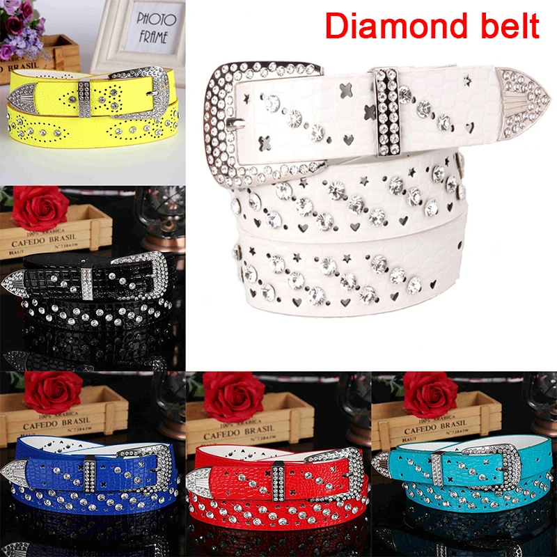 Fashion Rhinestone Belts For Women Metal Hollow Genuine Leather Men