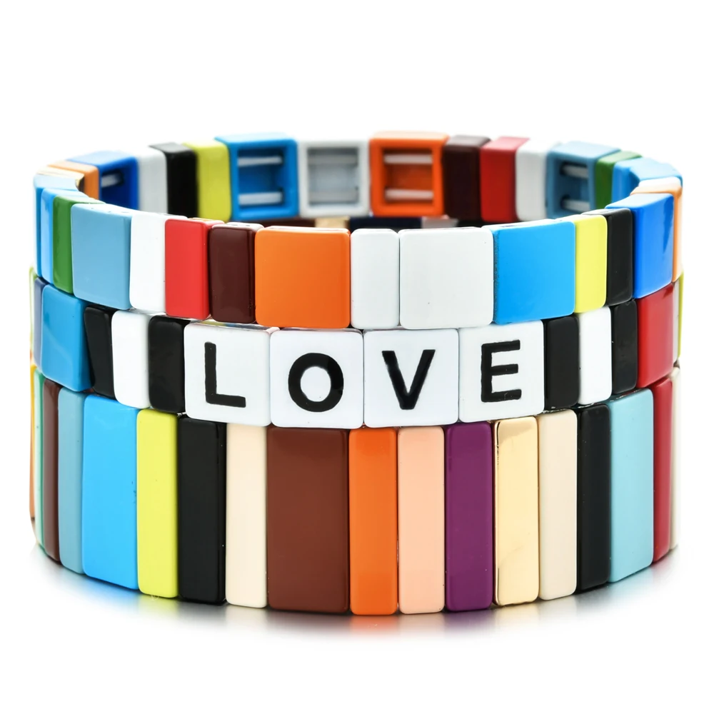ZMZY Love Mama Bohemian Handmade Rainbow Bracelet Women Elastic Stretch Stack Cuff Square Tile Beads Enamel Bracelet Jewelry - Image 4