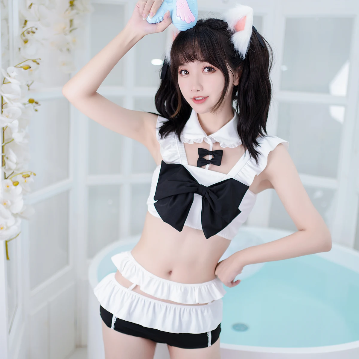 

Japan Fashion Anime Girl Cosplay Costume School Student Sukumizu Bow Maid Minimalist Bodysuits Ruffle Hollow Out Female Swimsuit