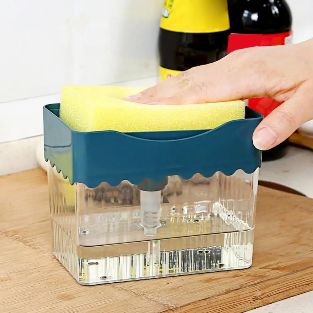 soap box+1 scouring pad Soap Dishwashing Detergent Press Dispenser Sponge Cleaning Pad Container dish brush for Kitchen Cleaning