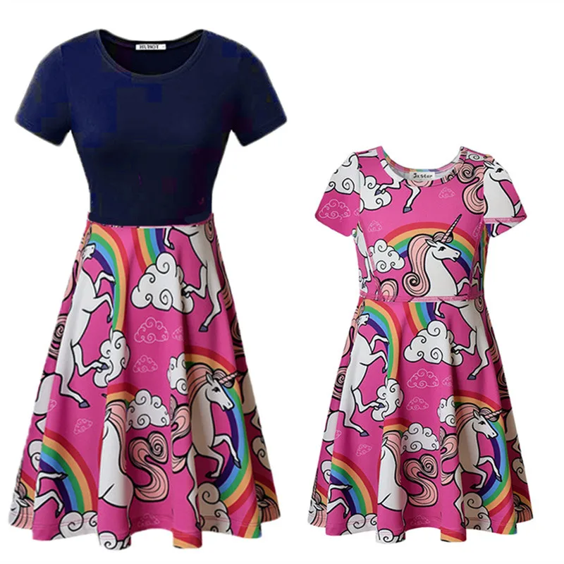 NASHAKAITE-Mother-daughter-dresses-Rainbow-and-Unicorn-Print-Short-sleeve-Matching-Dresses-Mommy-and-me-clothes (5)