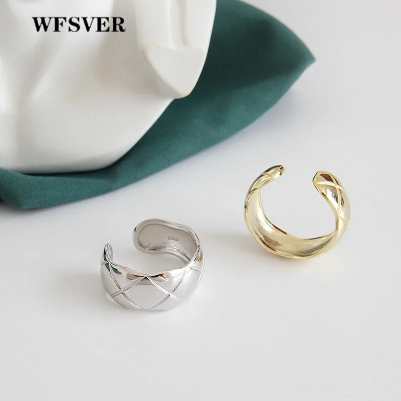 

WFSVER women 925 sterling silver ring gold/silver color big wide face lattice opening adjustable ring female fashion Jewelry