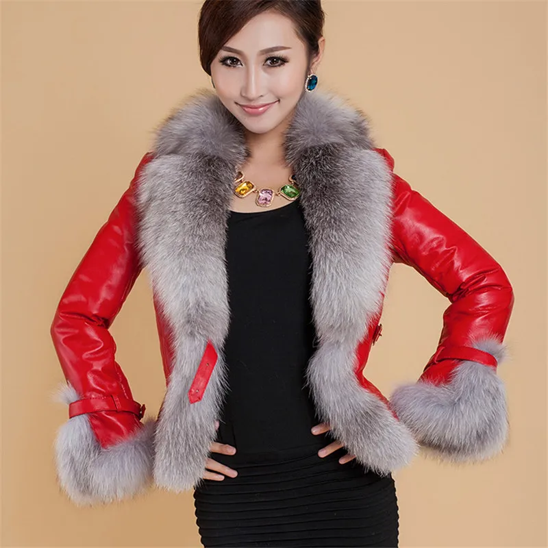 

2019 Autumn Winter New Women Faux fox fur collar Leather Jacket Coat Slim Short Female PU leather Coat Plus Cotton Outerwear
