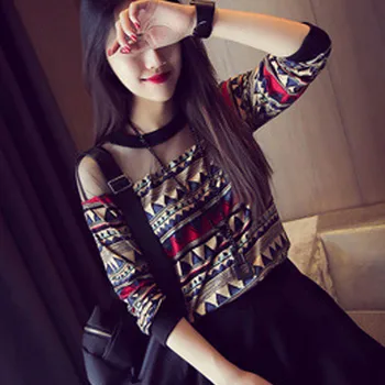 

New Arrival Fashion Shirts for Women Printing Long Sleeve Trendy Blouse Lace Patchwork Clubwear Tops blusa feminina verão #33