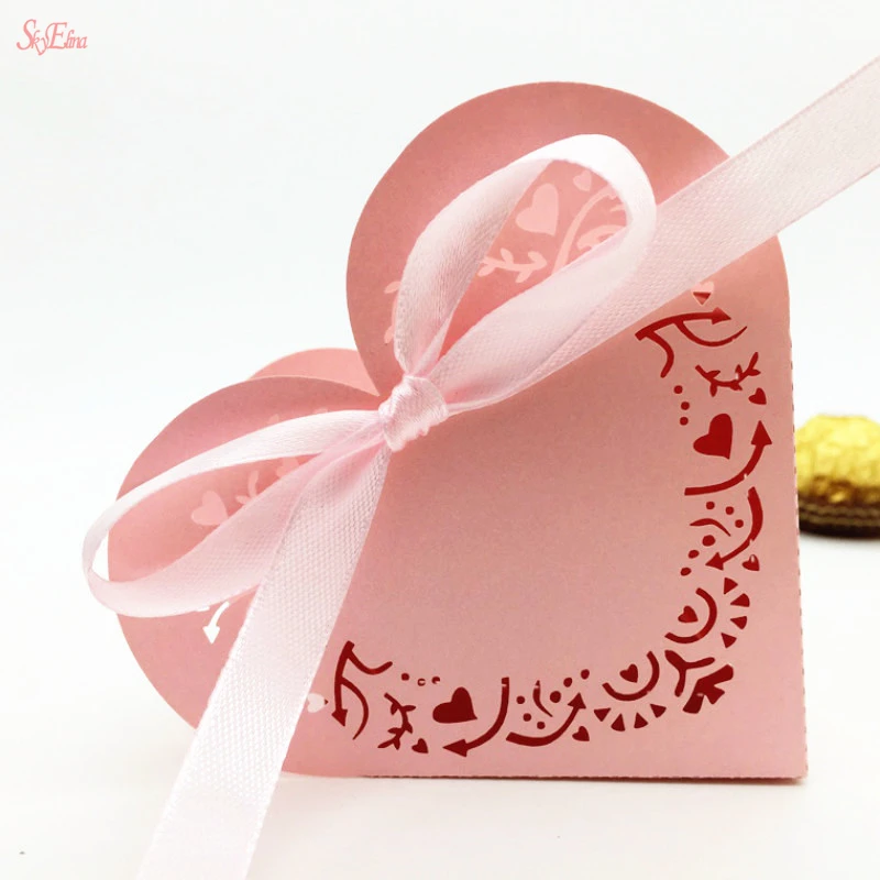 50 шт. свадебные коробки для конфет в форме сердца с лазерной огранкой, Подарочная коробка с лентой, милая сумка для дня рождения, свадебные сувениры, вечерние коробки для гостей, 8Z