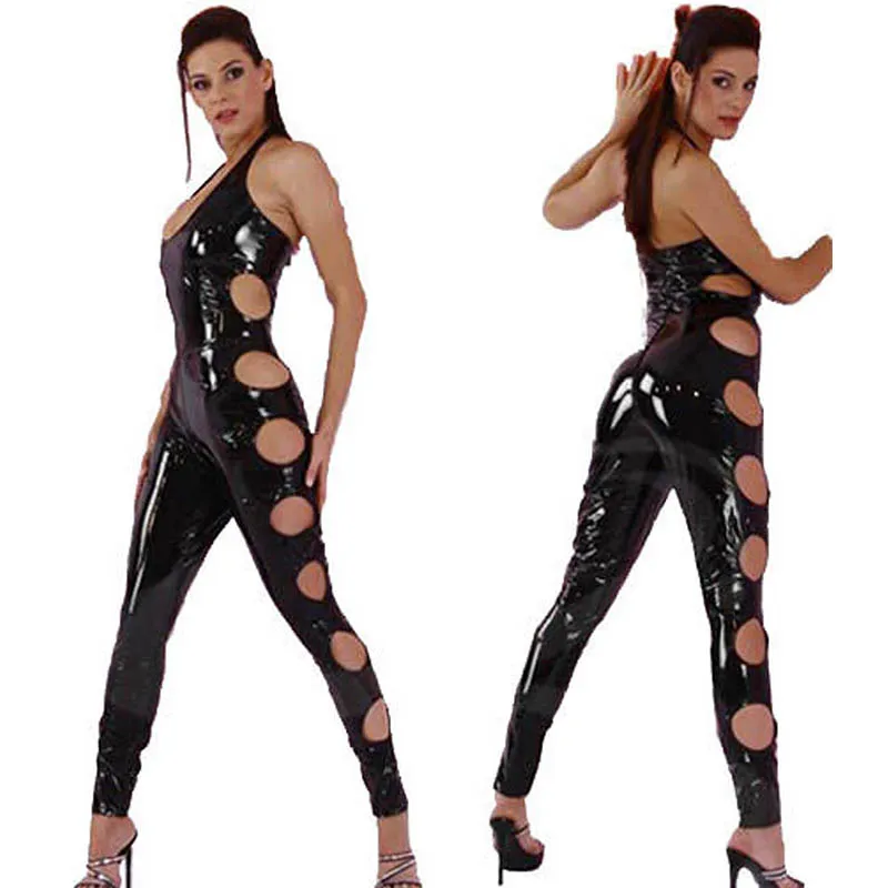 Sexy Wetlook Black Catwomen Jumpsuit PVC Latex Catsuit Costumes for Women Body Suits Hollow Out Fetish Leather Cloth Plus Size