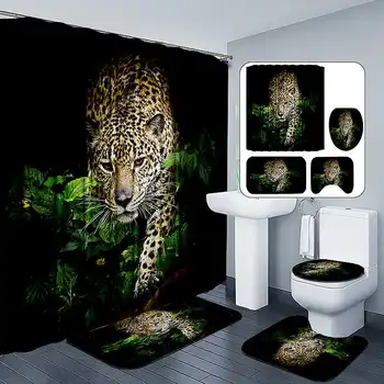 

Animal Tiger Waterproof Shower Curtain Set Bath Screens Toilet Polyester Cover Mat Set Anti-Slip Bathroom Rugs Kits