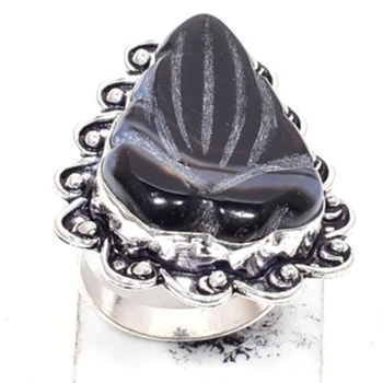 

Genuine Carved-Botswana Agate Ring Silver Overlay over Copper , Hand Made Women Jewelry gift , Size: 8
