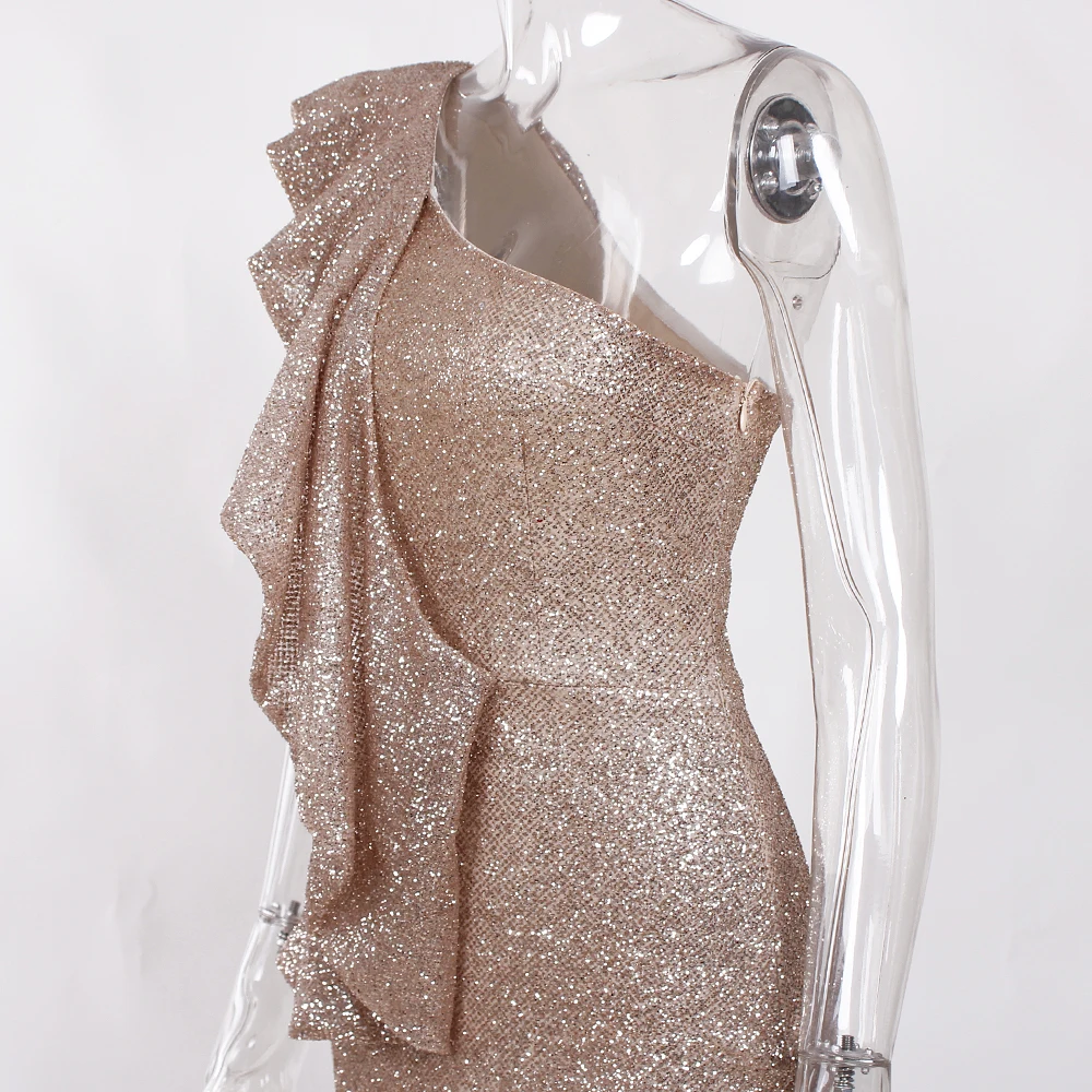 Гофрированное Золотое блестящее Макси-платье с одним плечом вечернее для вечеринок без рукавов длиной до пола облегающее длинное платье с полной подкладкой