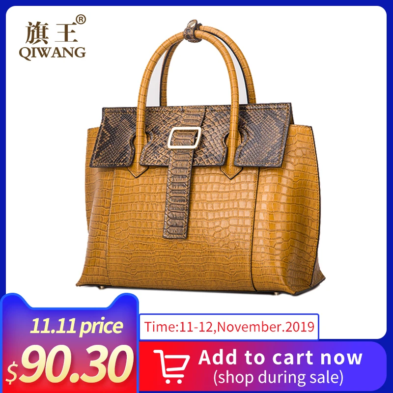 

Brown Handbags for Women Genuine Leather Top-handle Shoulder Bags QIWANG Crocodile Embossed Leather Designer Ladies Hand Bags