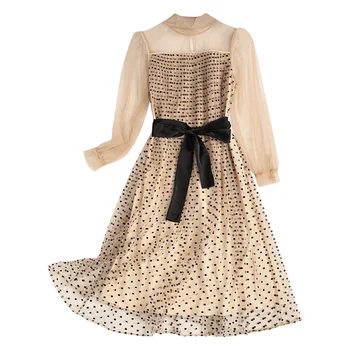 

Ladies dresses 2020 Spring And Summer New Fashion Polka Dot Printing perspective Stand Collar Long sleeve Women Dress S-XL