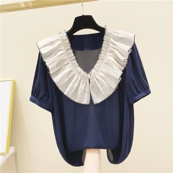 

Ruffled Doll Collar Short Sleeve Chiffon Shirt Women 2020 Summer Loose Blouse Ladies Blouses Tops Female Blusas