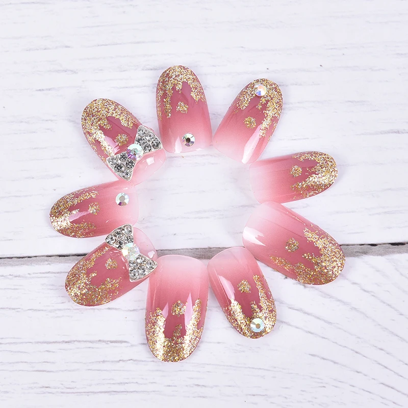 24Pcs Fashion Beautiful Rhinestone Wedding False Nail Wearable Fake Press On Nails With Glue