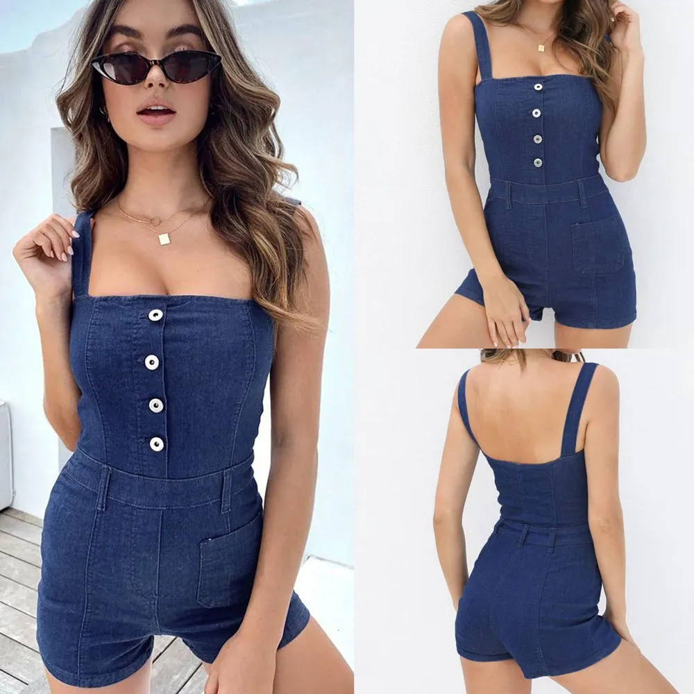 Sexy Blue Denim Spaghetti Strap Sleeveless Rompers Womens Short Jumpsuit Summer Clothing Overalls Bodycon Playsuit Streetwear | Женская